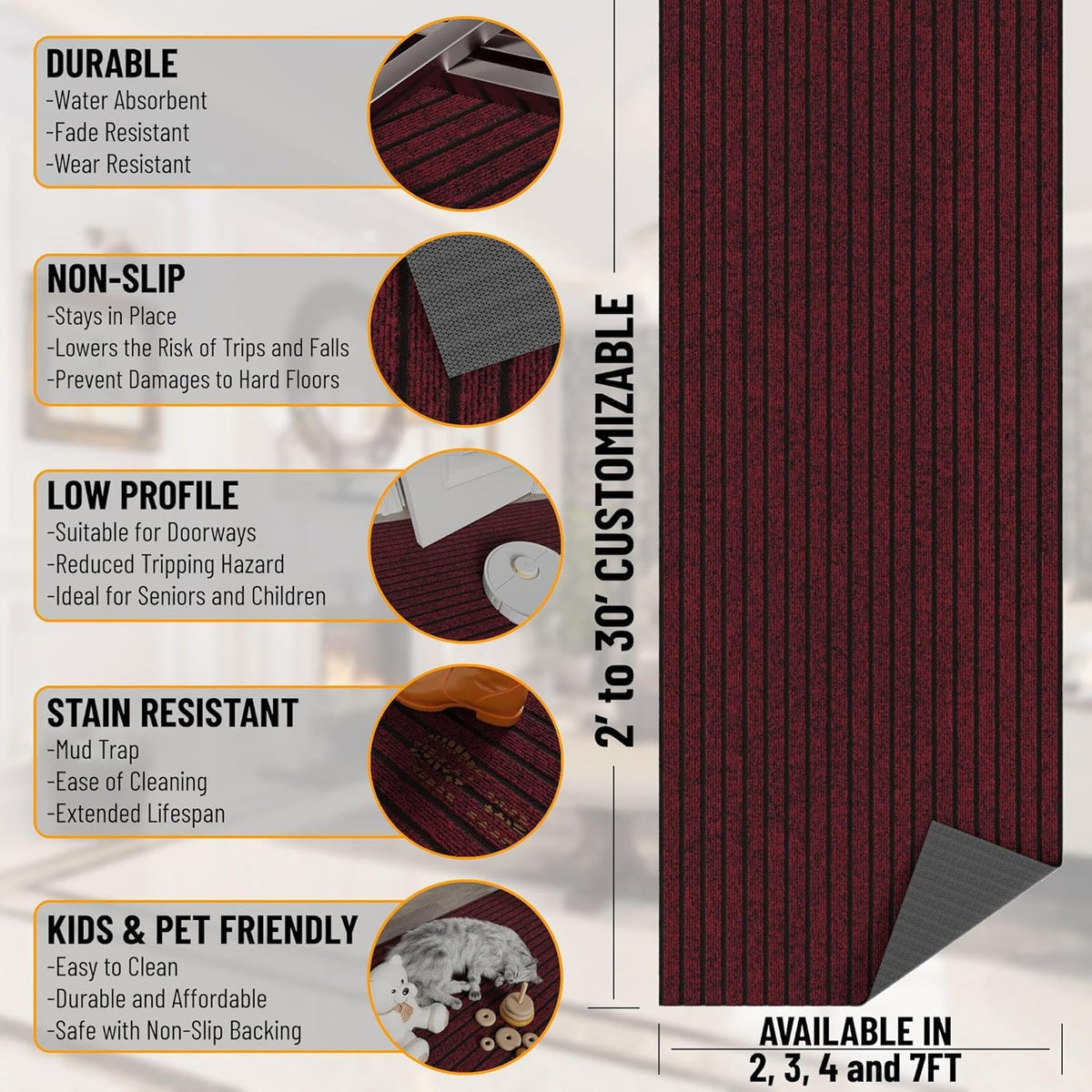 Ottomanson 2' x 11' Hallway Runner with Scraper Pile - Extra Durable Non-Slip Rug Mat for Indoor & Outdoor Use - Ideal for Kitchen, Entryway, Patio & Garage - High-Traffic Carpet, Red