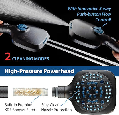 AquaCare 4X High Pressure 10 Spray Mode Filtered Showerhead - Handheld Shower Head Filters Chlorine to Heal Dry Skin, Revive Hair - Dual Power Wash Cleans Tub, Tile, Pets - Hard Water Softener, ORB