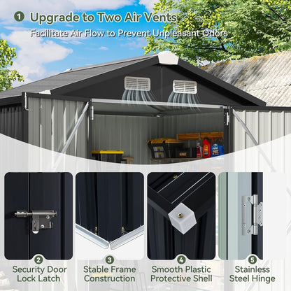 Aoxun 6'x4' Outdoor Storage Shed with Base Galvanized Steel Metal Garden Shed for Patio, Lawn & Garden Black, 6' x 4'W/Base