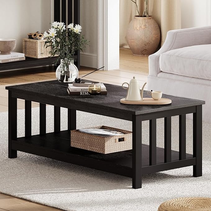 ChooChoo Mission Coffee Table, Black Wood Living Room Table with Shelf, 47 inch