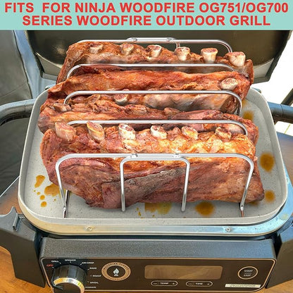 Griddle Pan & Rib Rack for Ninja Woodfire OG751/OG700 Series Grill, Non-Stick Upgraded Ceramic Cooking Flat Top Griddle Plate for Ninja XSKGRDPLT Woodfire Accessories, with 4 Full Racks Holder of Ribs