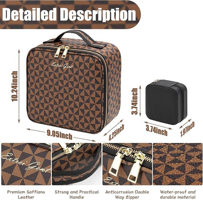 Makeup Travel Train Case with Mirror LED Light 3 Adjustable Brightness Large Cosmetic Bag Portable Storage Adjustable Partition Waterproof Makeup Brushes Make up Jewelry Gift for Women
