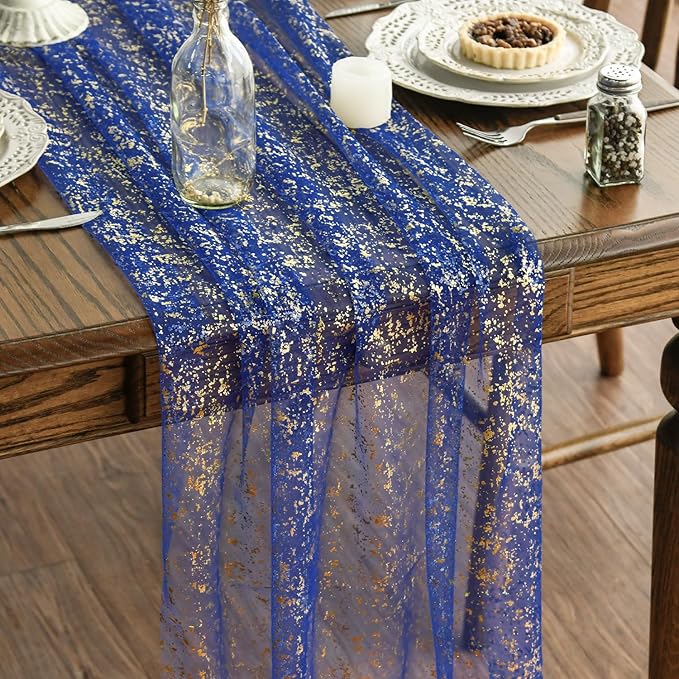 Artoid Mode Blue Gold Gauze Table Runner 120 Inch 10FT, Glitter Metallic Foil Sheer Dining Wedding Anniversary Holiday Table Decor for Home Party