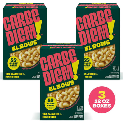 Carbe Diem!, Elbows, Lower Net Carb Pasta with Traditional Flavor & Texture, 55% Fewer Net Carbs & Only 110 Calories Per Serving, Pack of 3