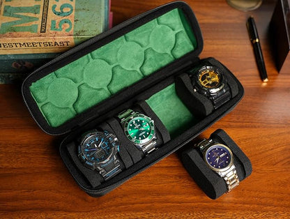 4 slots watch travel case roll, hard watch box storage organizer with soft foam pillows, fit up to 55mm face size watch(green microfiber lining)