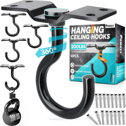 [UPGRADED] 4Pcs 200LBS Rotatable Ceiling Hooks with 4 Screw Points Base, Wall Mount Metal Hanger Black Ceiling Hook for Hanging Plant, Bird Feeder, Lights, Bed Canopy, Wind Chime, Indoor Outdoor Decor
