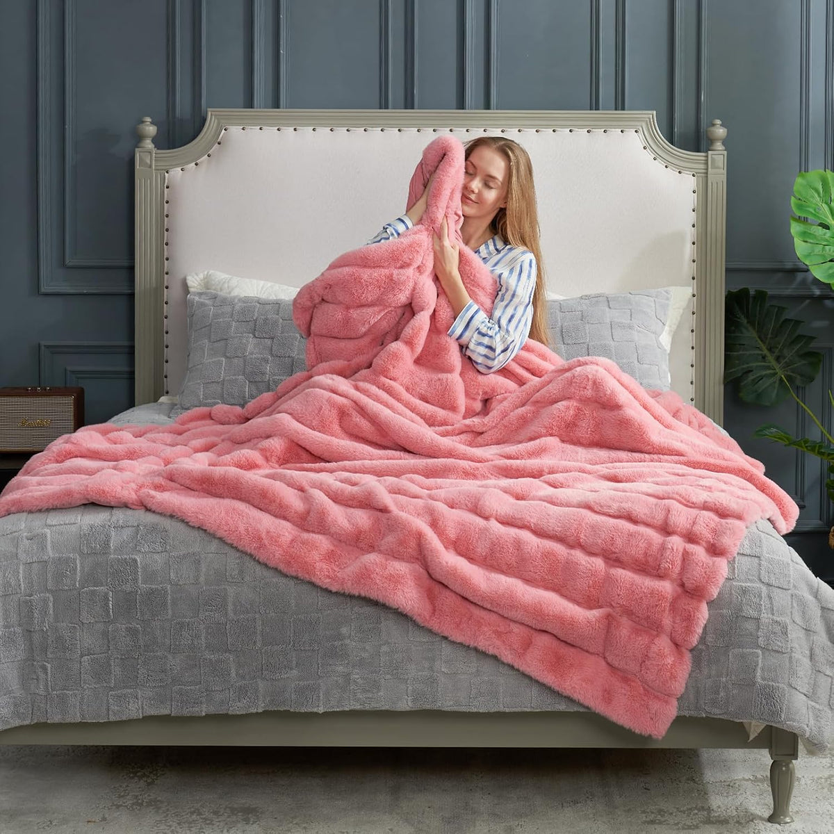 Cozy Bliss Faux Fur Throw Blanket for Couch, Cozy Warm Plush Striped Blanket for Sofa Bedroom Living Room, 90 * 90 Inches Hot Pink