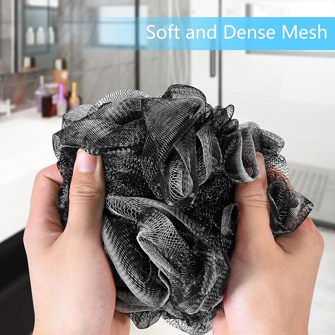 Yoget Bath Loofah Sponge, 4 Pack Black 60G Shower Mesh Ball Soft Pouf Body Scrubber, Exfoliate, Cleanse, Soothe Skin, Black Loofah with White Trim