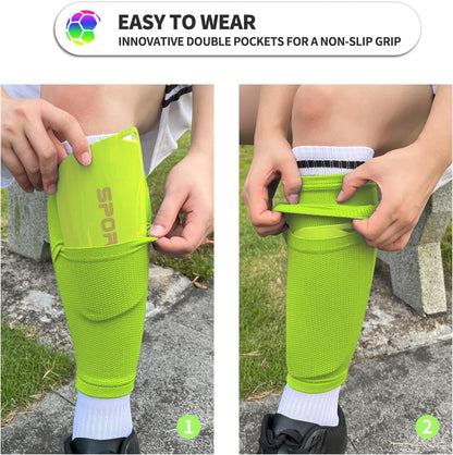 Kids Youth Soccer Shin Guards with Sleeves, Slip in Shinguards Soccer Shin Pads for 3-15 Years Old Boys Girls Child Teens