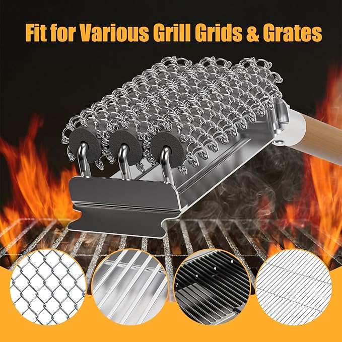Replacement Brush Head for Bristle Free Grill Brush Compatible with HOUSE AGAIN Grill Cleaner,304 Stainless Steel Mesh+Safe Silicone Sponge Spinning Design Full-Angle Clean,Sturdy/Heat Resistant-3pcs