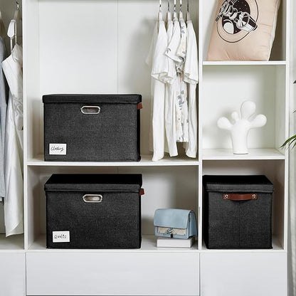 17" Large Collapsible Storage Bins with Lids, Stackable Closet Organizers with PU Handle and Labels, 3-Pack Decorative Fabric Storage Boxes for Home, Bedroom, Closet, Office, Nursery(Black)