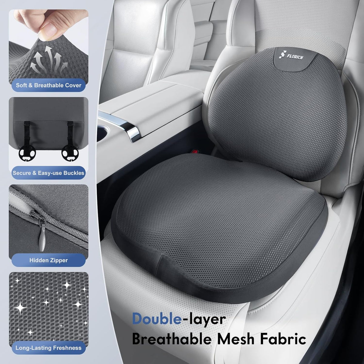 FLORICH Seat Cushion and Lumbar Support Pillow for Office Chair Car, Ergonomic Memory Foam Back Support for Office Gaming Chair Driving Seat Wheelchair, Relieves Neck, Back & Sciatica Pain – Gray
