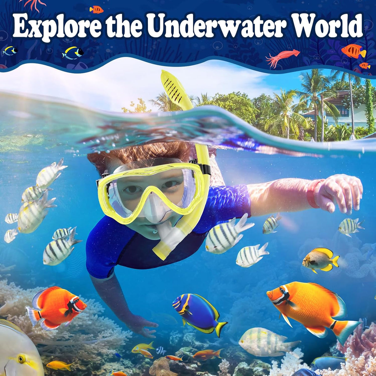 U PHITNIS Kids Snorkel Set for Age 4-14 - Dry Top Snorkeling Gear for Kids Junior & Youth - Childs Diving Mask with Big Eyes for Boys Girls - Anti-Fog Snorkeling Mask and Snorkel Set