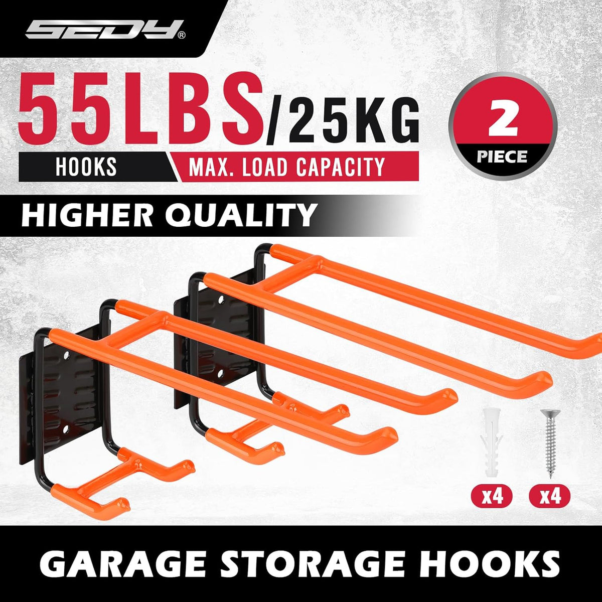 2-Piece 9.4" Heavy Duty Garage Hooks, Sturdy Utility Hooks Holds 55 LB Wall Mount Garden Tool Organizer Hangers for Hanging Shovel Ladder Chairs Strollers Power Tool Tire and More (Orange)