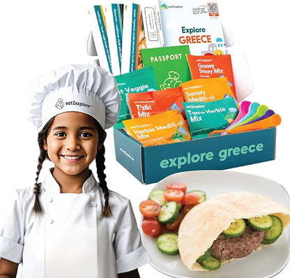 eat2explore Cooking Kits for Kids 15 Pcs – Interactive & Educational Kids Cooking Sets Real for Ages 5 and Up,3 Recipe Cards & Global Ingredients – Perfect for Families and Homeschooling (Greece)