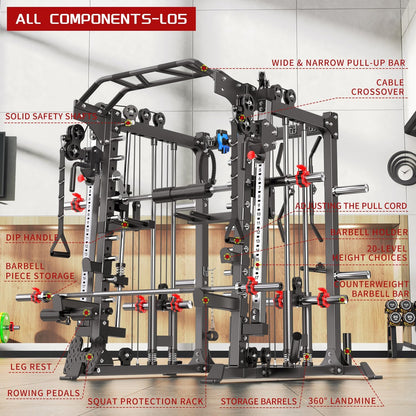 Smith Machine Power Rack Multifunctional Power Cage Deep Squat Rack Cable Crossover System Selectable More Training Attachment for Garage & Home Gym