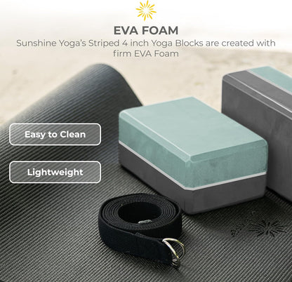 Sunshine Yoga 4" Striped Yoga Block, 10 Pack Bulk EVA Foam Yoga Blocks, Firm and Supportive Yoga Brick, Balance Foam for Stretching, Pilates, and Workout, 4" x 6" x 9"