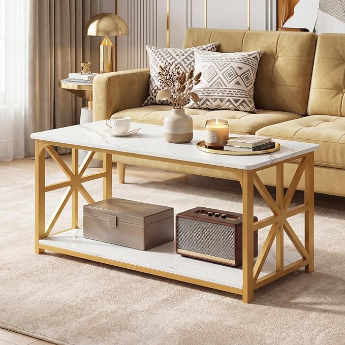 Giantex Farmhouse Coffee Table, 43" Faux Marble Center Table w/Storage & X-Shaped Frames, 2-Tier Modern Accent Cocktail Tea Table, Rectangular Wooden Living Room Tables for Small Spaces, Gold & White