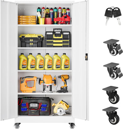 75" Tall Metal Storage Cabinet with Wheels,Rolling Garage Storage Cabinet with Lock,White Metal Cabinets with Wheels and Shelves,Tool Cabinets on Roller for Garage,Home,Office,Shop