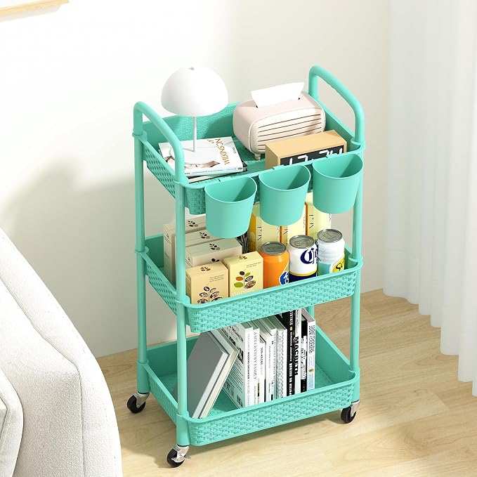 MOYIPIN 3-Tier Plastic Rolling Utility Cart with Handle,Utility Storage Cart for Office, Living Room, Kitchen,Movable Storage Organizer Shelves,Turquoise with 3 Hanging Cups
