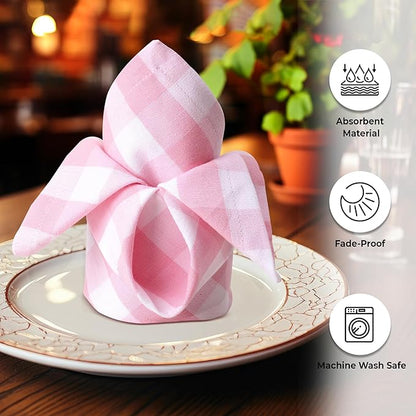 Urban Villa Cloth Napkins 100% Cotton Dinner Napkins Highly Absorbent 20x20 Inches (Set of 12) Pink White Buffalo Checks Reusable Washable Soft Durable Premium Napkins Ideal for Home Wedding Parties