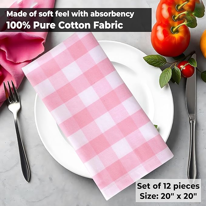 Urban Villa Cloth Napkins 100% Cotton Dinner Napkins Highly Absorbent 20x20 Inches (Set of 12) Pink White Buffalo Checks Reusable Washable Soft Durable Premium Napkins Ideal for Home Wedding Parties