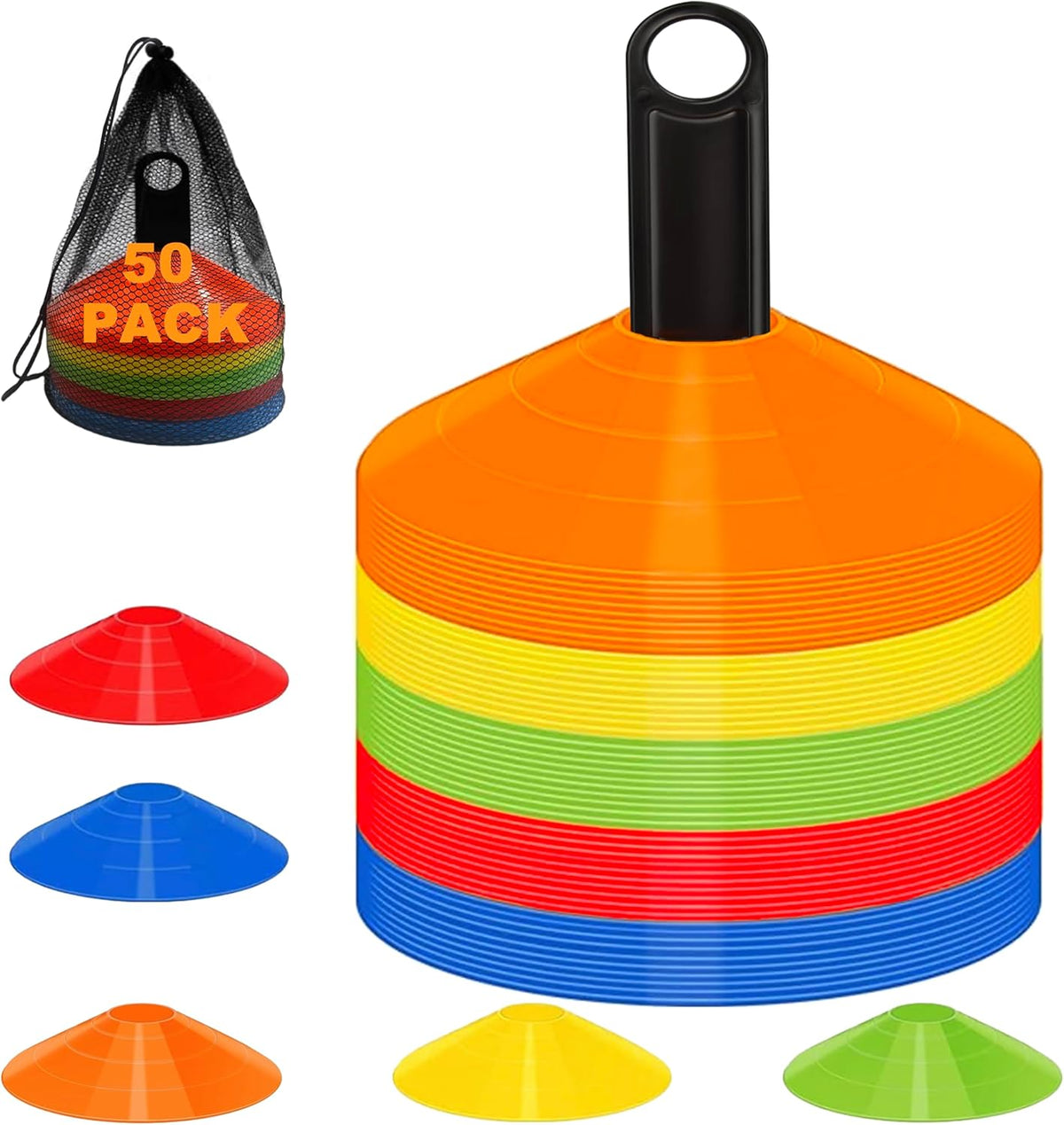 Disc Cones for Sports Training, 25/50 Pack Agility Soccer Cones with Carry Bag and Holder, Soccer, Football, Basketball, Coaching, Practice Equipment, 5 Color
