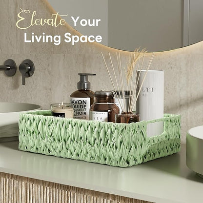Bathroom Accessory Set with Plastic Wicker Basket,Glass Bathroom Accessories Set Green Bathroom Sets Bathroom Set, Diamond Soap Dispenser and Toothbrush Holder Set for Bathroom Decor