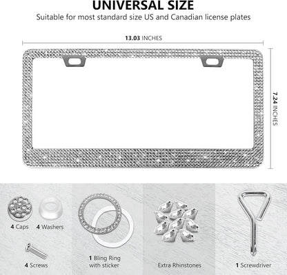 2 Pack Silver Bling License Plate Frames for Women - Stainless Steel with Diamond Sparkly Rhinestone License Plate Holder - Perfect Birthday for Auto Lovers