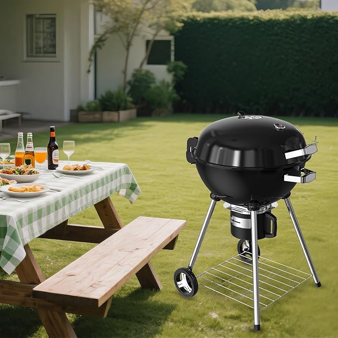 22.5-Inch Portable Charcoal Grill, Heavy Duty Kettle BBQ Smoker with Built-in Thermometer & Removable Water-Rinsable Ash Catcher for Outdoor Camping, Patio, Backyard, and Tailgating