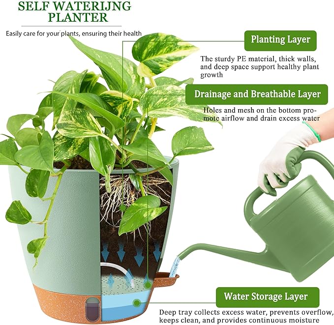 2 Pack 8 Inch Pots for Plants Indoor, Plastic Self Watering Planters with Drainage Holes, Water Level Indicator & Deep Reservoir, Decorative Flower Pots Indoor Outdoor Use (Green