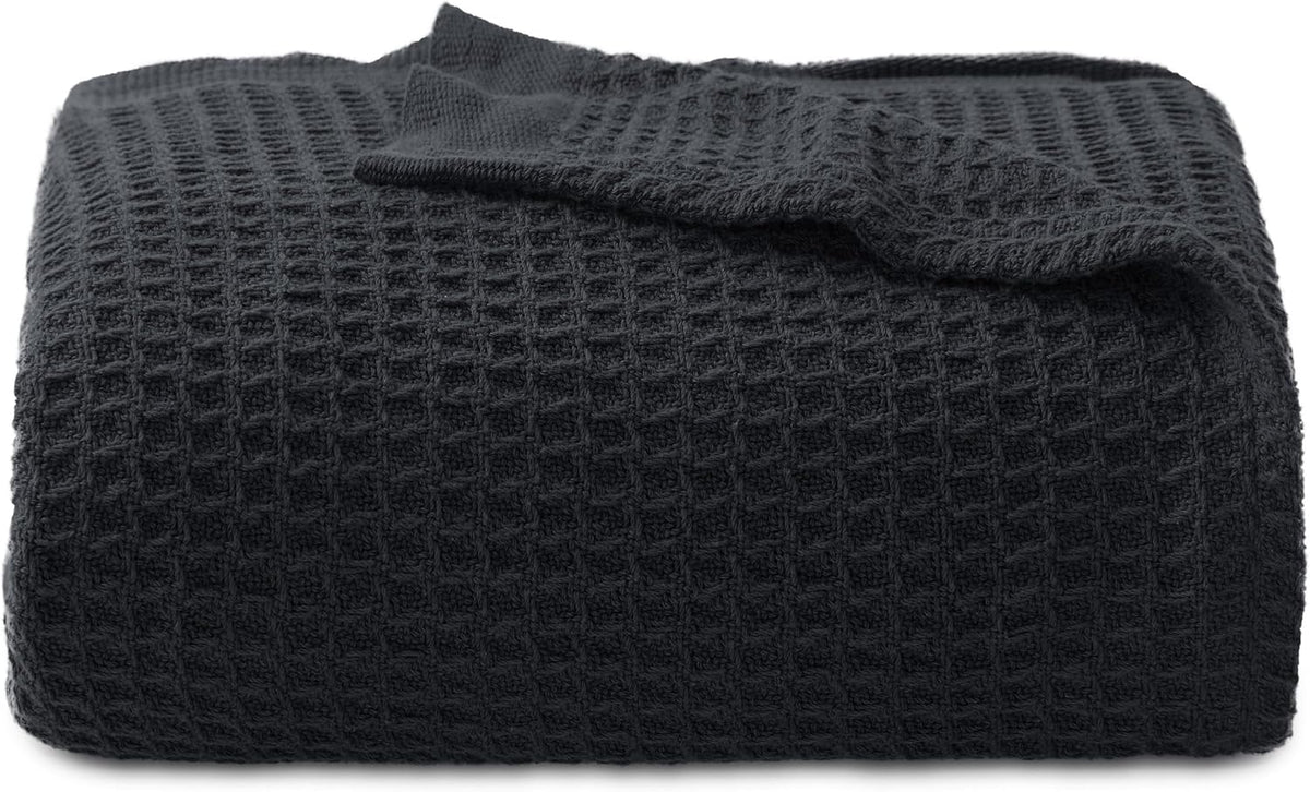 Bedsure 100% Cotton Blanket Twin XL Size for College Dorm - Breathable and Soft, Waffle Weave Twin Blanket for Summer, Dorm Room Essentials, Black, 66x90 inches
