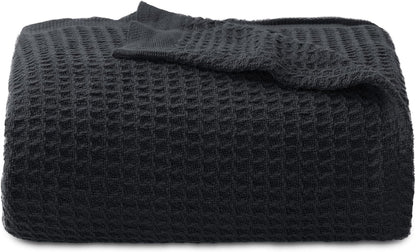 Bedsure 100% Cotton Blanket Twin XL Size for College Dorm - Breathable and Soft, Waffle Weave Twin Blanket for Summer, Dorm Room Essentials, Black, 66x90 inches