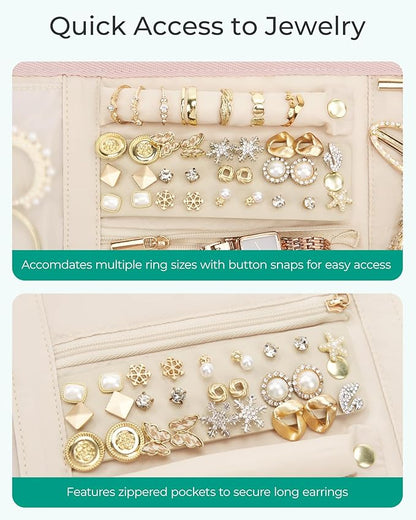 BAGSMART Travel Jewelry Case Organizer, Roll Foldable Jewelry Case for Journey-Rings, Necklaces, Earrings, Bracelets, Brooches, Min, Beige