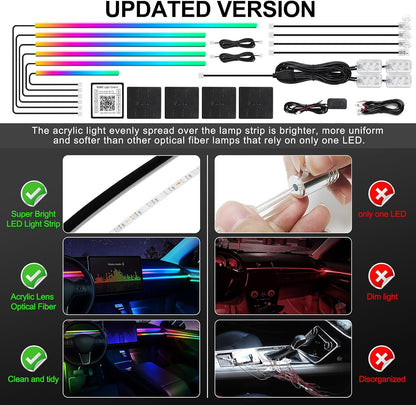 Dreamcolor Acrylic Interior Car LED Strip Light with Wireless APP, RGB 14 in 1 with 175 inches 612 LEDs Fiber Optic Strip Lights for Car, Dual Zone Music Sync Neon Car Ambient Lighting Kits