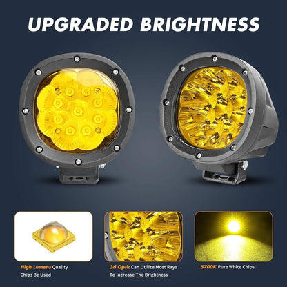 YCHOW-TECH 2PCS 4 Inch LED Amber Fog Lights 90W Yellow Round Offroad Light Bar Flood Beam Off Road LED Pods Bumper Ditch Lights Driving Work Light for Truck Boat Pickup ATV UTV SUV