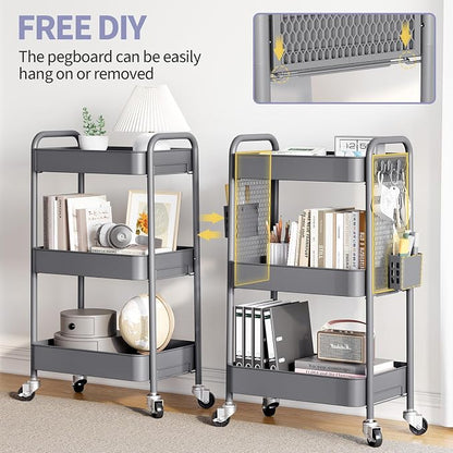 TOOLF 3 Tier Rolling Cart Storage Organizer, Metal Rolling Utility Cart with Wheels, Hooks & Bins Esthetician Craft Art Sturdy Storage with Pegboard for Bathroom, Kitchen, Office, Nursery Diaper