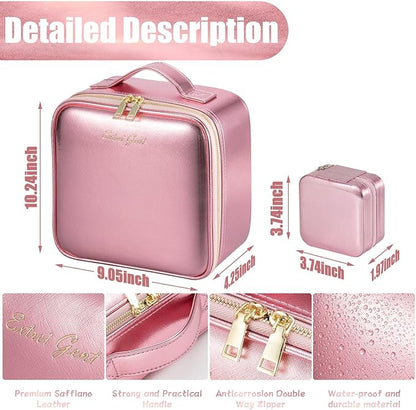 Makeup Travel Train Case with Mirror LED Light 3 Adjustable Brightness Large Cosmetic Bag Portable Storage Adjustable Partition Waterproof Makeup Brushes Make up Jewelry Gift for Women