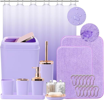 Bathroom Accessory Set–Bathroom Sets with Shower Curtain and Rugs, Non Slip Bathroom Rugs Super Absorbent, Light Purple Ombre Shower Curtain with Hooks, Lavender Bathroom Sets Complete for Home