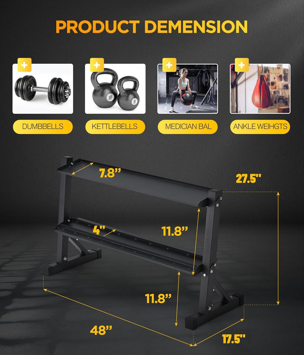 2-Tier 48" Dumbbell and Kettlebell Rack for Home Gym, 1000LBS Weights Storage for Free Weights, Dumbbells, Kettlebells and Medicine Ball