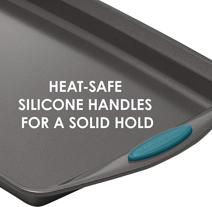 Rachael Ray Nonstick Bakeware Set with Grips includes Nonstick Bread / Baking Pans, Cookie / Baking Sheet and Cake Pans - 10 Piece, Gray with marine blue grips