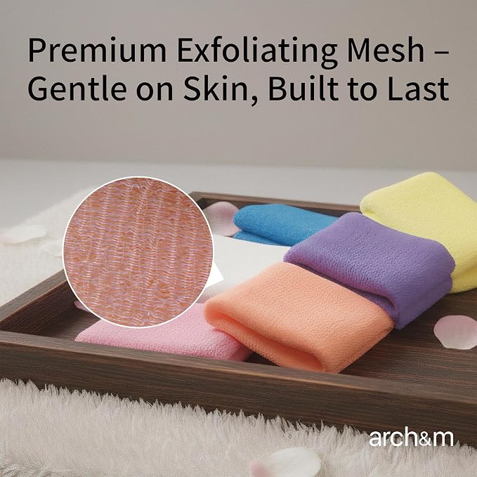 ARCH&M Exfoliating Shower Towel Japanese & Korean-Style, 35-Inch, 3 Pack | Textured Nylon, Back Scrubber for Shower, Smoother Skin, For Rough, Bumpy & Ingrown Hair Prone Skin, Daily Use, Quick-Dry