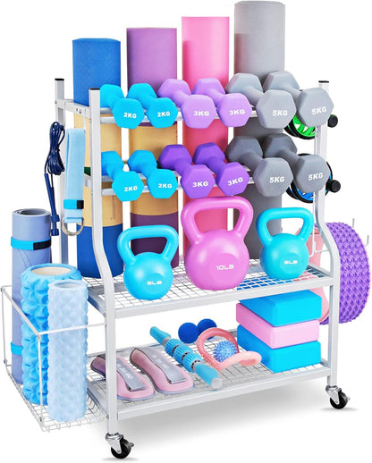 Dumbbell Rack, Yoga Mat Storage Rack - Weight Rack for Dumbbells, Home Gym Storage Rack for Yoga Mat, Dumbbells and Kettlebells, All in One Workout Equipment Storage with Caster Wheels