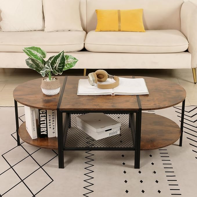 SENIG Oval Coffee Table with Rustic Wood Finish, 2-Tier Storage Shelf and Metal Frame, Living Room Center Table Modern, Vintage Brown