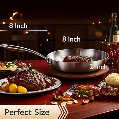 LOLYKITCH 8 Inch Tri-ply Stainless Steel Frying Pan with Lid,Small Skillet,Induction Cooking Pan,Dishwasher and Oven Safe,Riveted Handle.