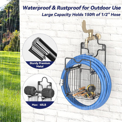 Garden Hose Holders for Outside Metal Water Hose Holder Wall Mount Hose Hanger with Storage Basket Heavy Duty Waterhose Holder for Outside Hose Rack Outdoor Hose Caddy Hook for Garden Organizer Black