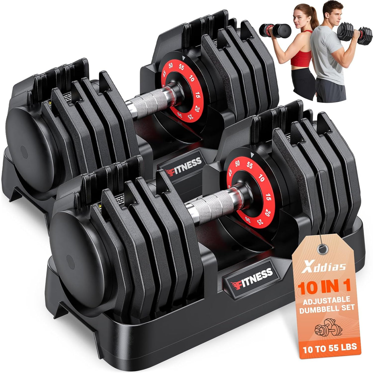 XDDIAS Adjustable Dumbbell Set of 2-25LB/55LB Set-1Sec Adjustable Dumbbell Weights-5 in 1 Free Weights Dumbbells Set with Effortless Tray/No-Slip Handle-Compact Size for Women/Men at Home Gym