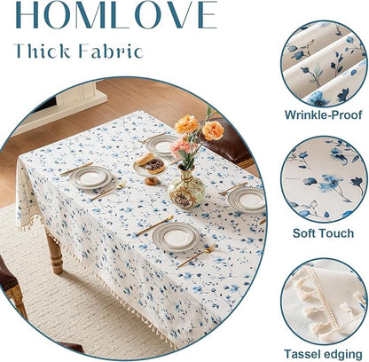 Round Tablecloth Pastoral Style, Waterproof & Stain Resistant Table Cloth Wrinkle Free Table Cover for Dining/Kitchen/Patio, Washable Indoor & Outdoor Use, 55"X55" Blue