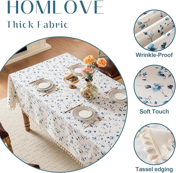 Rectangle Tablecloth Pastoral Style, Waterproof & Stain Resistant Table Cloth Wrinkle Free Table Cover for Dining/Kitchen/Patio, Washable Indoor & Outdoor Use, 55"X120" Blue