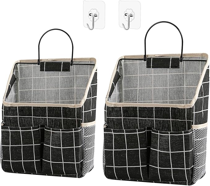 2pcs Wall Hanging Storage Bag,Wall Hanging Organizer Bags with Pockets, Wall Organizer Storage for Dormitory Bathroom Bedroom Kitchen(Black Grid)